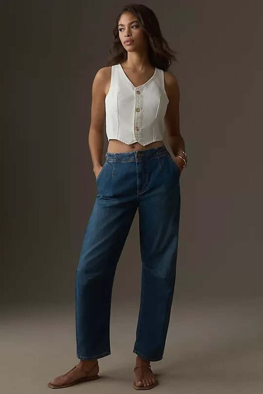Pilcro By Anthroplogie The Leni Denim Jeans Mid-Rise Barrel Tapered Leg Blue 28T